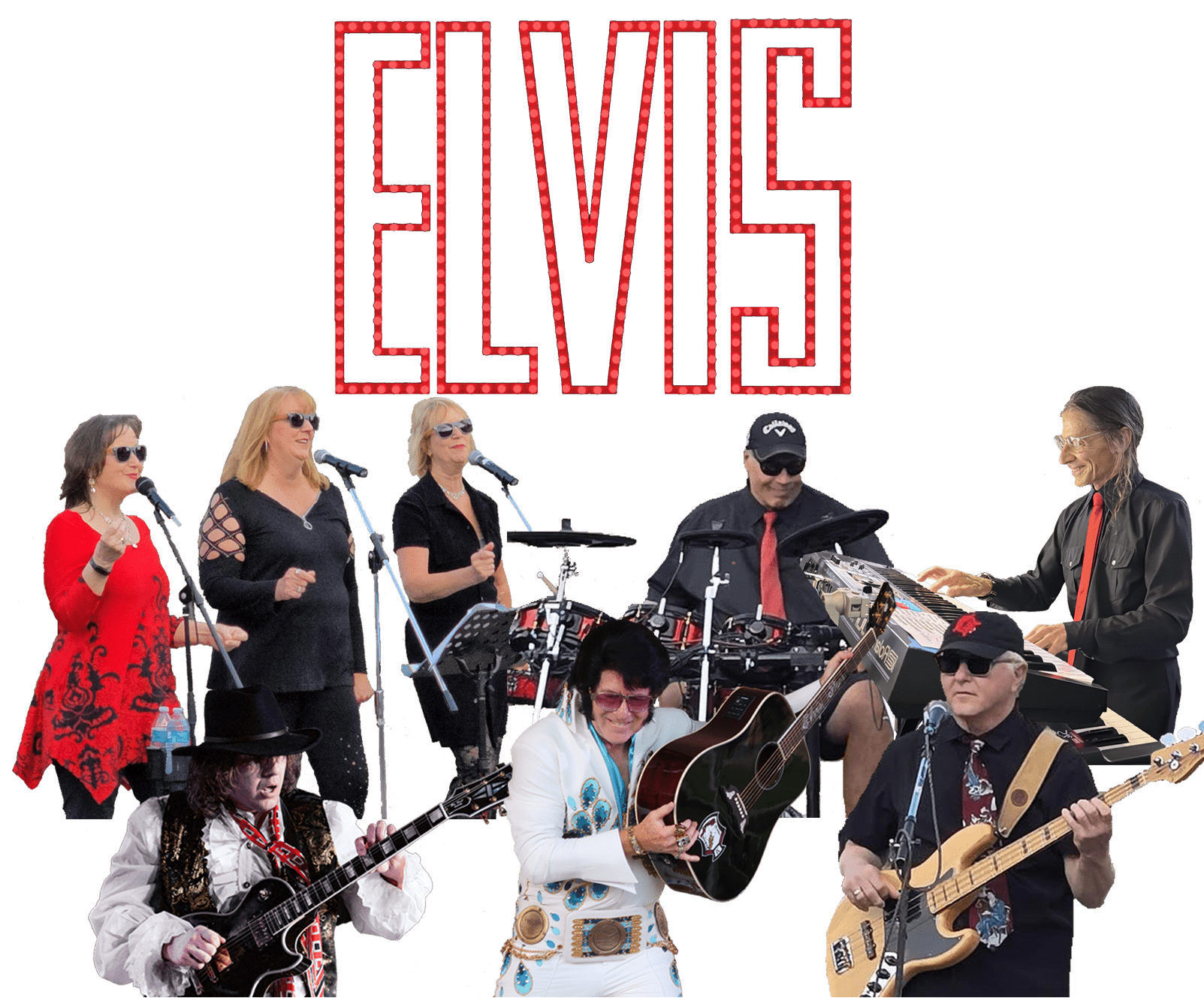 Musicians performing a tribute to Elvis, featuring vocalists and instrumentalists, with "ELVIS" in bright marquee style above.