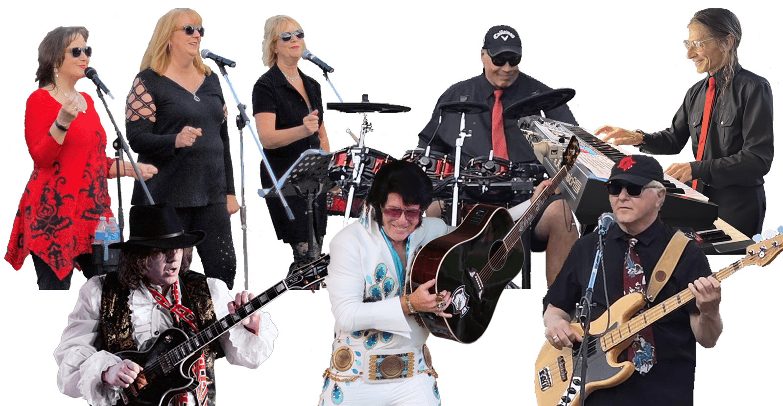 A vibrant band performs on stage, featuring musicians on guitar, drums, keyboards, and vocals, showcasing a lively musical atmosphere.